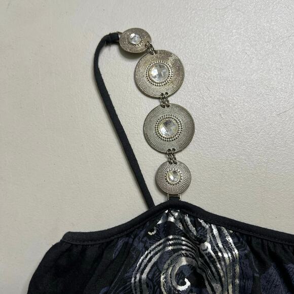 Annabelle One Shoulder Black Top Beaded Strap Metallic Floral Print Women Small - Picture 2 of 10